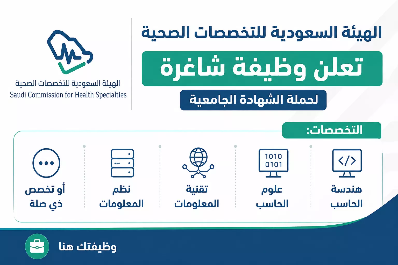 الهيئة السعودية للتخصصات الصحية تعلن وظيفة شاغرة لحملة البكالوريوس في هندسة الحاسب وعلوم الحاسب وتقنية المعلومات ونظم المعلومات