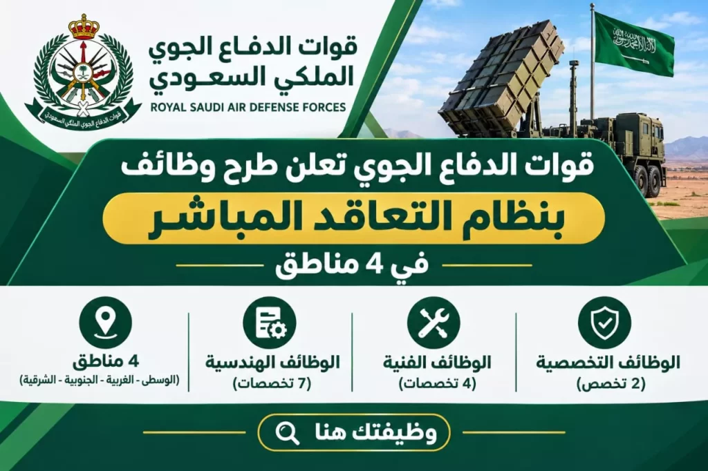 وظائف قوات الدفاع الجوي الملكي السعودي بنظام التعاقد المباشر للجنسين في 4 مناطق 2026