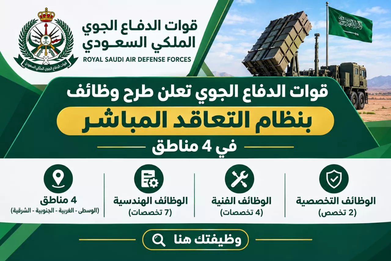 وظائف قوات الدفاع الجوي الملكي السعودي بنظام التعاقد المباشر للجنسين في 4 مناطق 2026