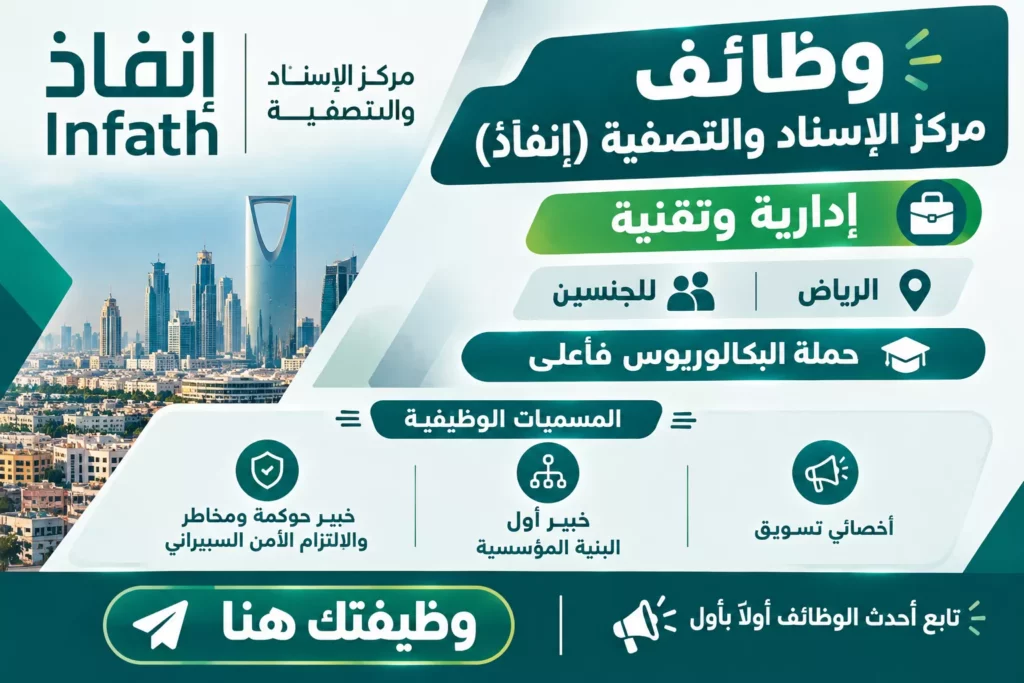 وظائف مركز الإسناد والتصفية إنفاذ في الرياض للجنسين لحملة البكالوريوس في المجالات الإدارية والتقنية والأمن السيبراني عبر موقع وظيفتك هنا
