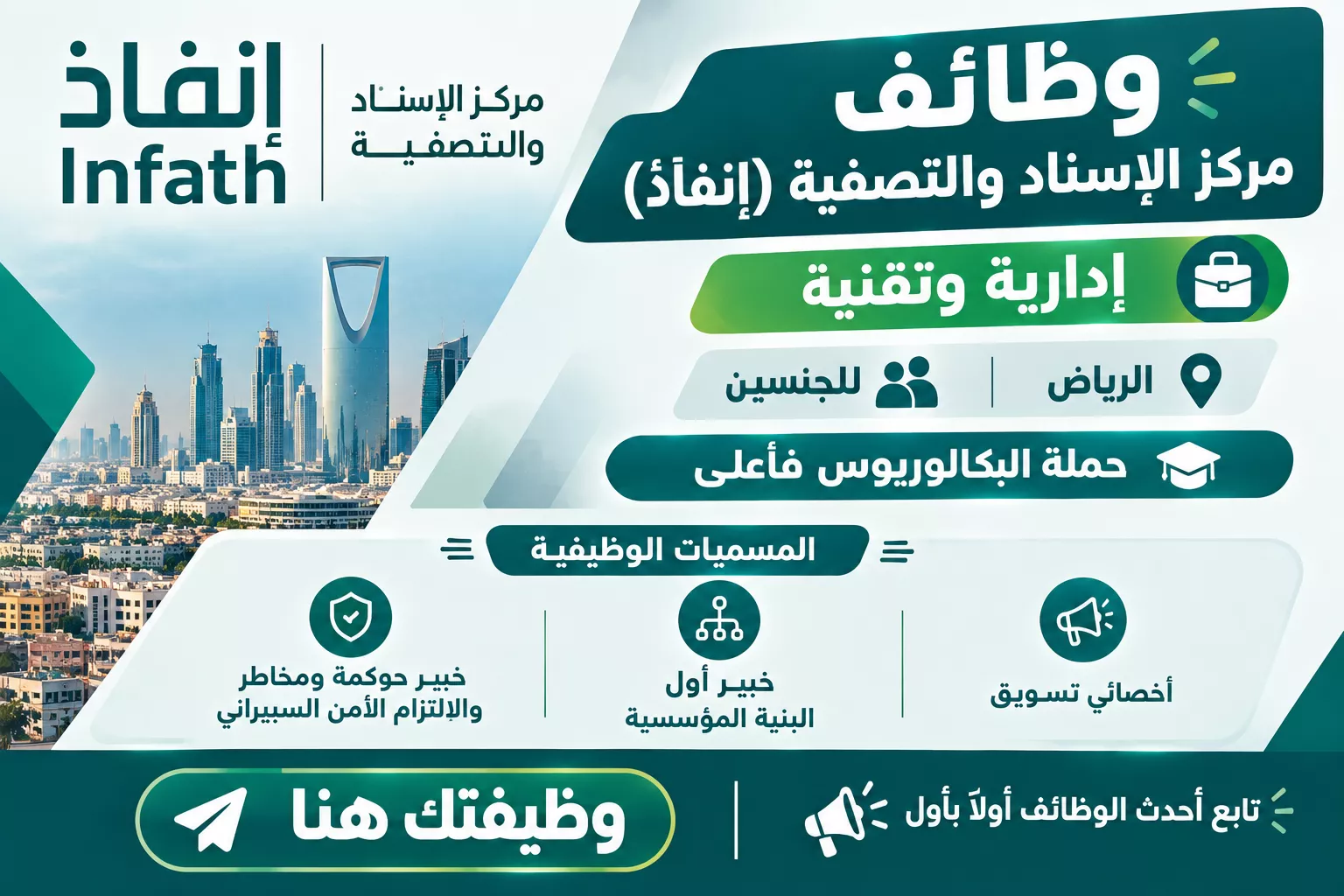 وظائف مركز الإسناد والتصفية إنفاذ في الرياض للجنسين لحملة البكالوريوس في المجالات الإدارية والتقنية والأمن السيبراني عبر موقع وظيفتك هنا