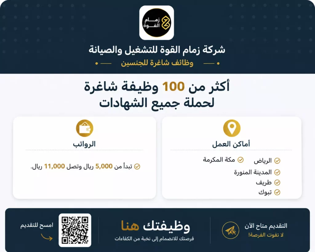 شركة زمام القوة للتشغيل والصيانة تعلن أكثر من 100 وظيفة شاغرة لحملة جميع الشهادات