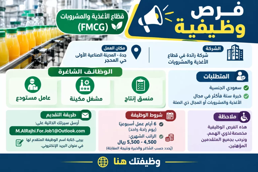 وظائف شركة أغذية ومشروبات في جدة بالمدينة الصناعية الأولى