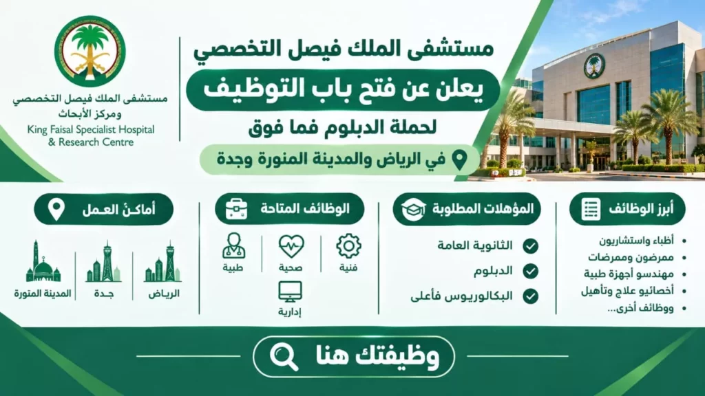 وظائف مستشفى الملك فيصل التخصصي ومركز الأبحاث بالرياض وجدة والمدينة المنورة 2026