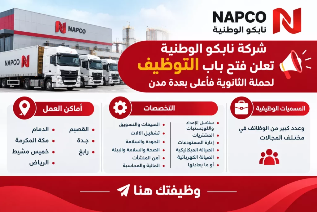 وظائف شركة نابكو الوطنية لحملة الثانوية فأعلى بمختلف مناطق المملكة