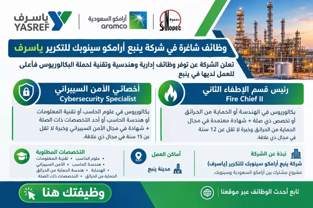 وظائف شركة ينبع أرامكو سينوبك للتكرير ياسرف لحملة البكالوريوس بينبع الصناعية 2026